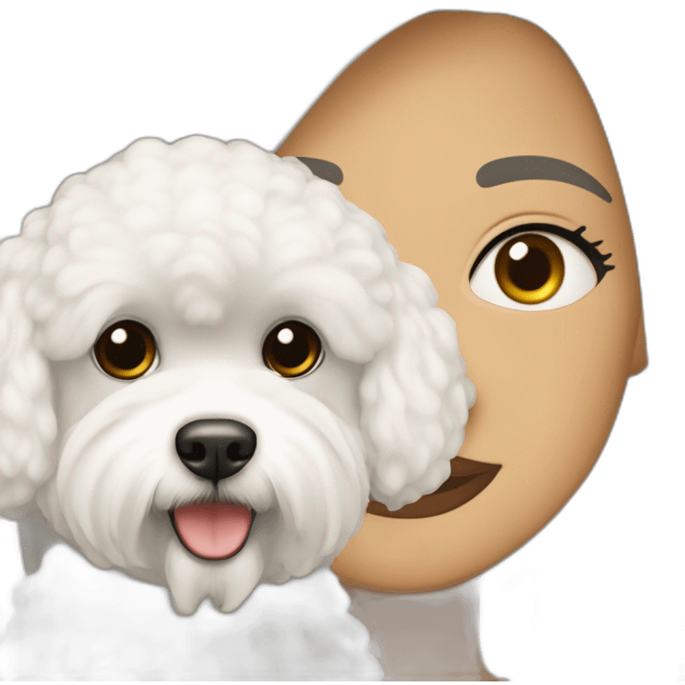 mujer pelo largo negro y perro bichon blanco emoji