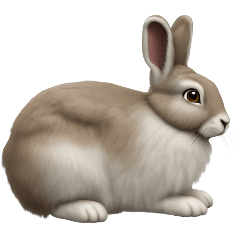 snowshoe hare very fluffy with no feet showing. laying down, side view, blue eyes emoji