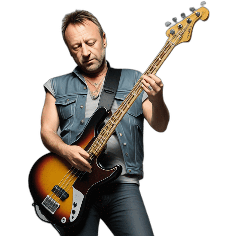 photo realistic Peter Hook, in 1979, playing black bass guitar, standing, full body, front view emoji