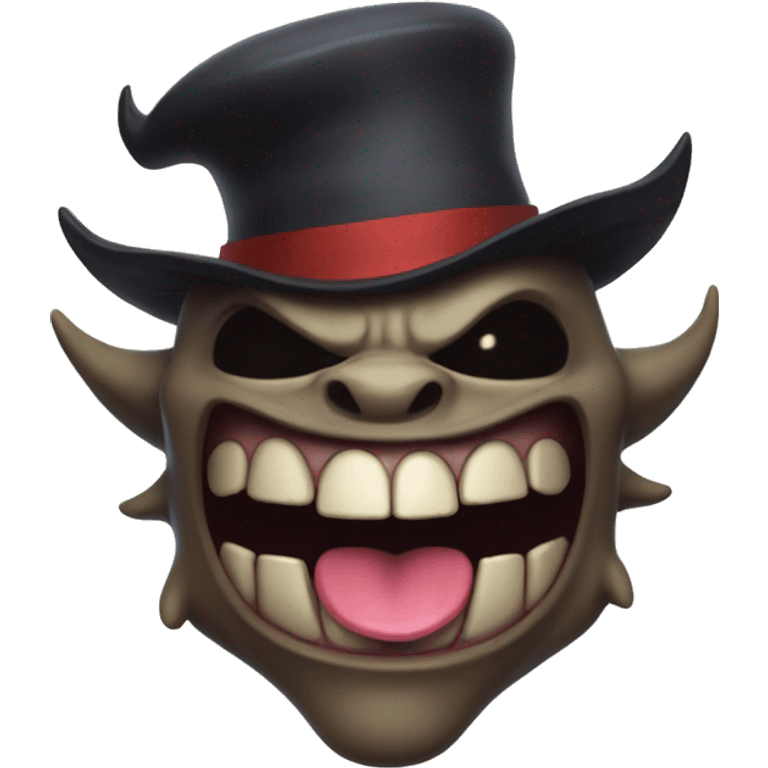 A demon with no jaw smiling, tongue dangling out, and with a neat little hat emoji