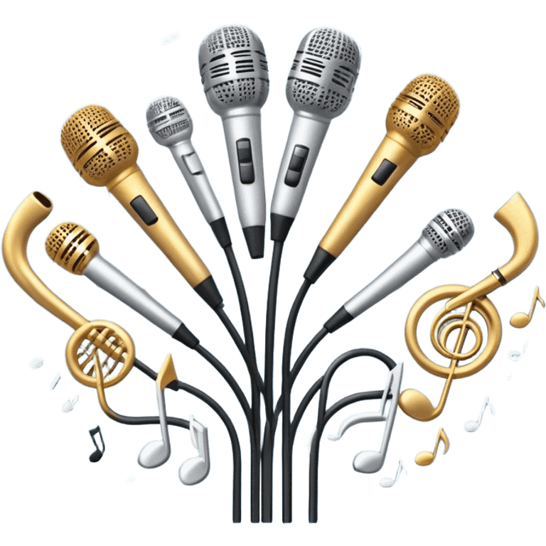 Create a harmonious and elegant emoji that represents choral singing. The design should feature multiple microphones arranged in a semi-circle, symbolizing a choir. Add musical notes flowing around to represent the harmony and unity of the voices. Include subtle elements like sheet music or a conductor's baton to reflect the organized aspect of choral performance. Use colors like gold, silver, and soft blue to evoke a sense of togetherness, professionalism, and grace. The background should be transparent. emoji