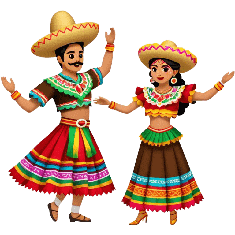 Cinematic Realistic scene of two performers dancing the Jarabe Tapatío, dressed in colorful traditional Mexican costumes with intricate embroidery, captured in energetic, festive motion with vibrant, celebratory lighting emoji