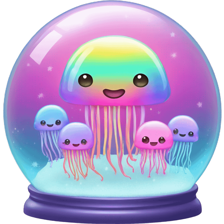 Kawaii rainbow pastel family of jellyfish  in neon snow globe  emoji