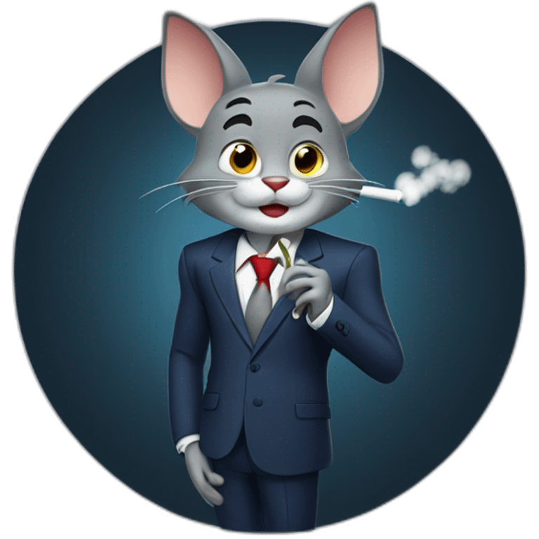 Tom from Tom and Jerry casually smoking a cigarette in a suit as a business man in the moonlight emoji