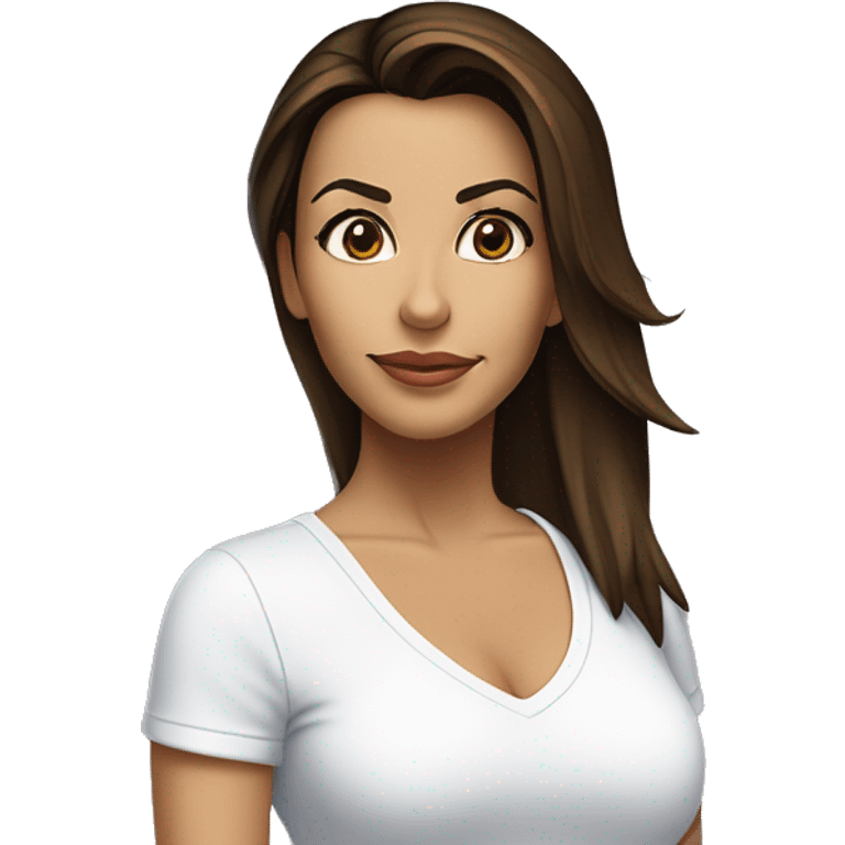 3/4 face, contrasted, shadow, light, Eva Longoria expression, standing from a distance, thin nose, brunette woman, hazel eyes, long eyelashes, dark shoulder shaded hair, white t-shirt, jeans, white sneakers emoji