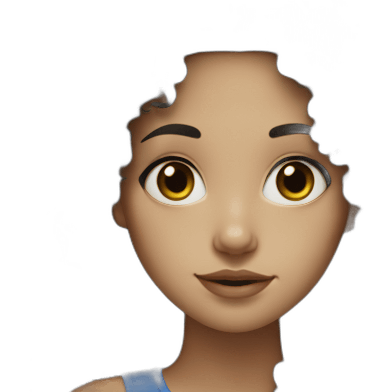 Women, white skin, round face, long black curly hair, blue eye, freckles emoji