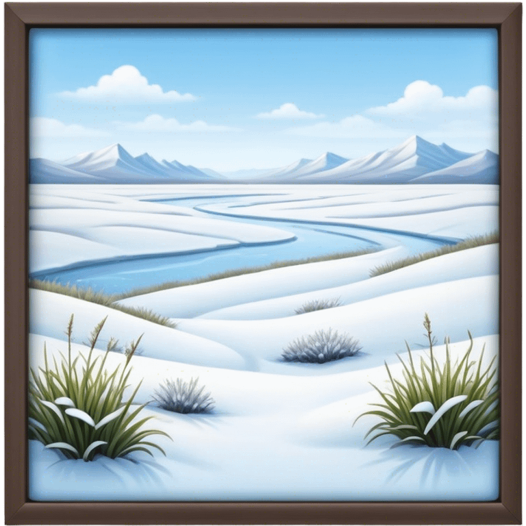 Cinematic Realistic Tundra Emoji in a wooden frame, Vast and cold, with wide expanses of snow-covered ground, sparse grasses poking through, and the occasional hardy shrub breaking up the pale white landscape. The sky above is a pale, frosty blue, and the light reflects off the snow, creating a serene yet starkly beautiful environment. Soft glowing outline, capturing the essence of a quiet, still, frozen wilderness where life endures despite the harsh conditions. emoji