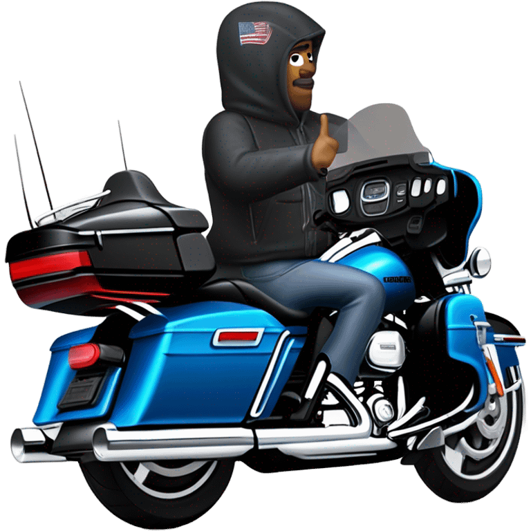 forward angled view of a harley davidson electra glide ultra classic with big blue pearl and vivid black two color paint scheme with recurve windshield, a radio antenna and a citizen's band radio antenna and an older man sitting on the front seat. emoji