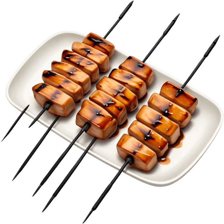 Cinematic Realistic Yakitori Dish Emoji, depicted as skewered, grilled chicken pieces with a charred finish rendered with crisp textures and appetizing, natural lighting. emoji