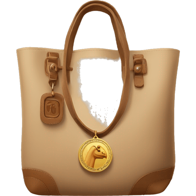 A nevy tote bag with leather camel medal emoji