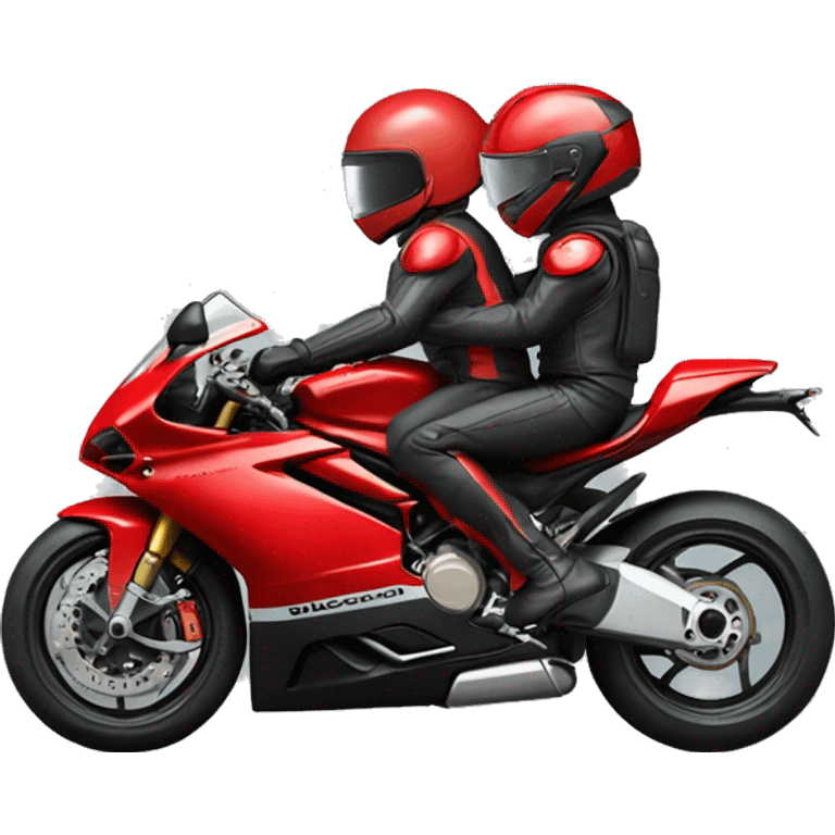 Two people wearing black helmet riding a red ducati 1098 motorcycle  emoji