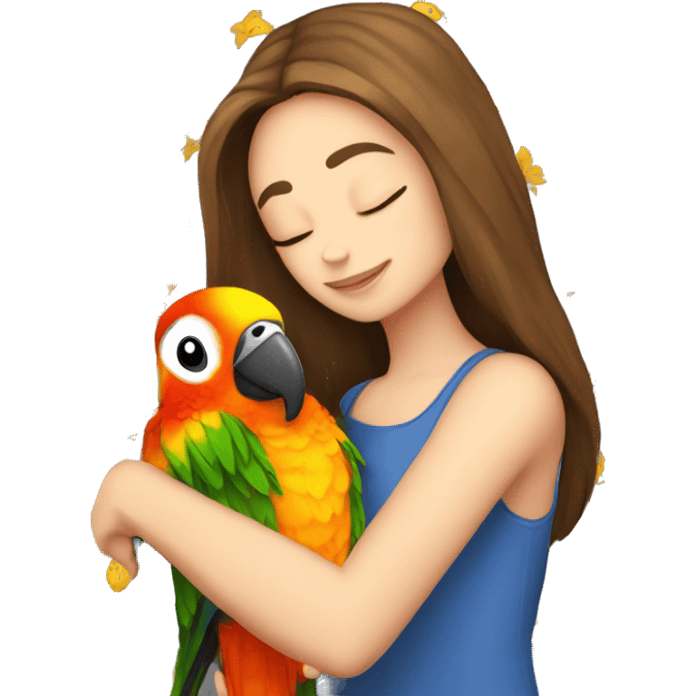 a brown haired girl kissing a sun conure on her shoulder emoji