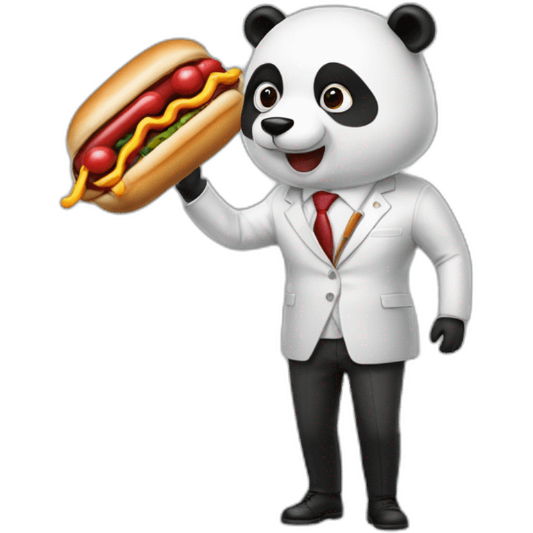 A professor with white suit and red tie and a panda face eating a hotdog and holding a black suitcase emoji