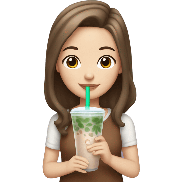 White girl with brown hair and brown eyes drinking bubble tea emoji