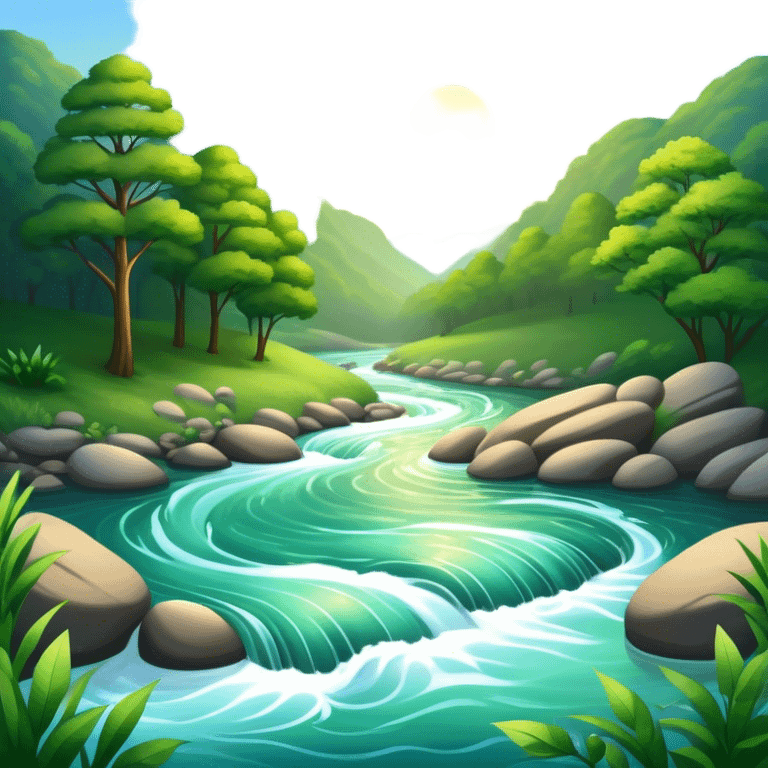 Cinematic Realistic River Emoji, Serene and flowing, with sparkling water meandering through lush greenery, surrounded by trees and rocks. The sun dances across the rippling surface, creating glimmering reflections while birds fly overhead. Soft glowing outline, capturing the essence of peacefulness and tranquility in a meandering river. emoji