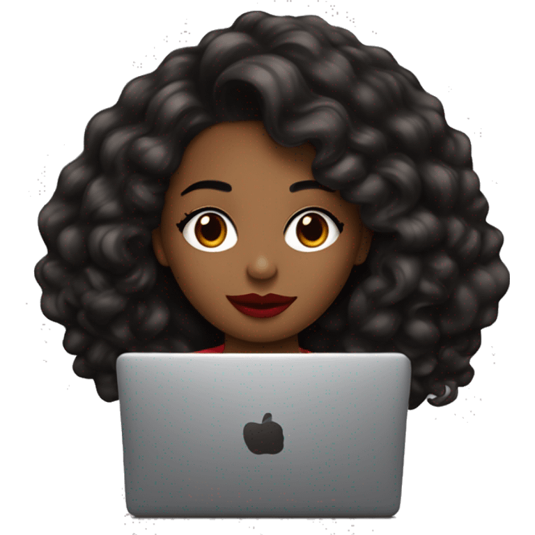 una chica de cabello negro mediano con labial rojo y ojos marrones con una laptop emoji