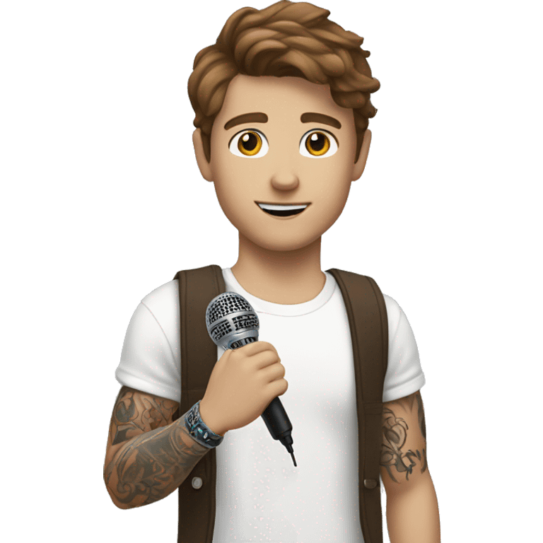 White boy with brown hair with arm tattoo and holding a microphone  emoji