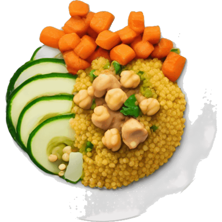 Couscous dish on a plat with orange sauce, carrots, zucchini, chickpeas and meat on top emoji