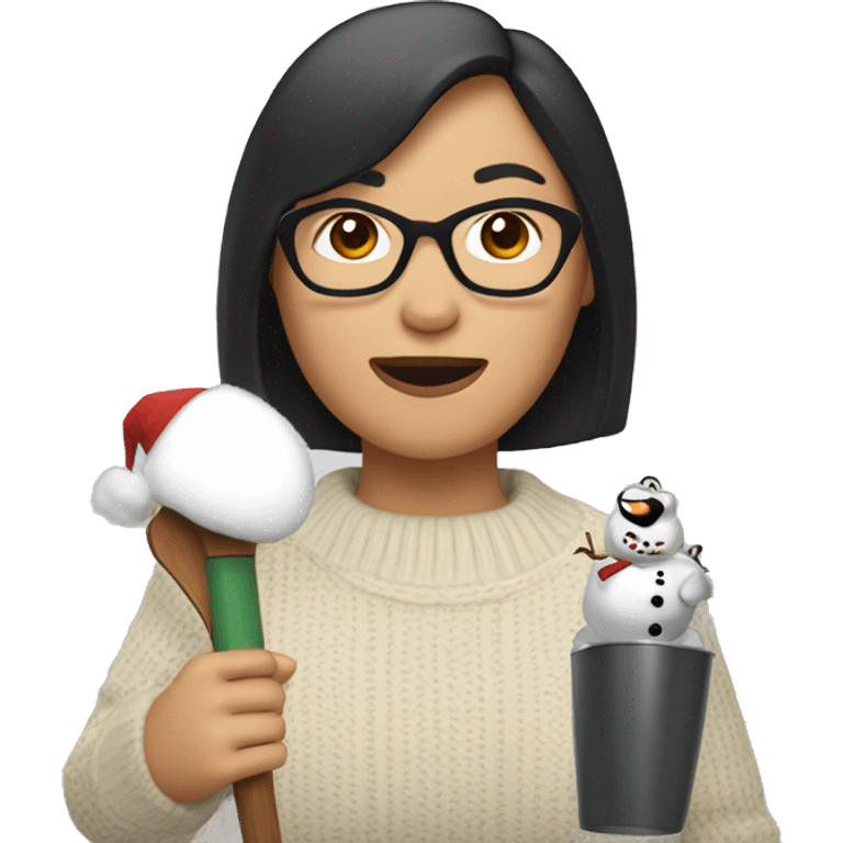 Asian woman with bob and frosty snowman sweater shaking a cowbell emoji