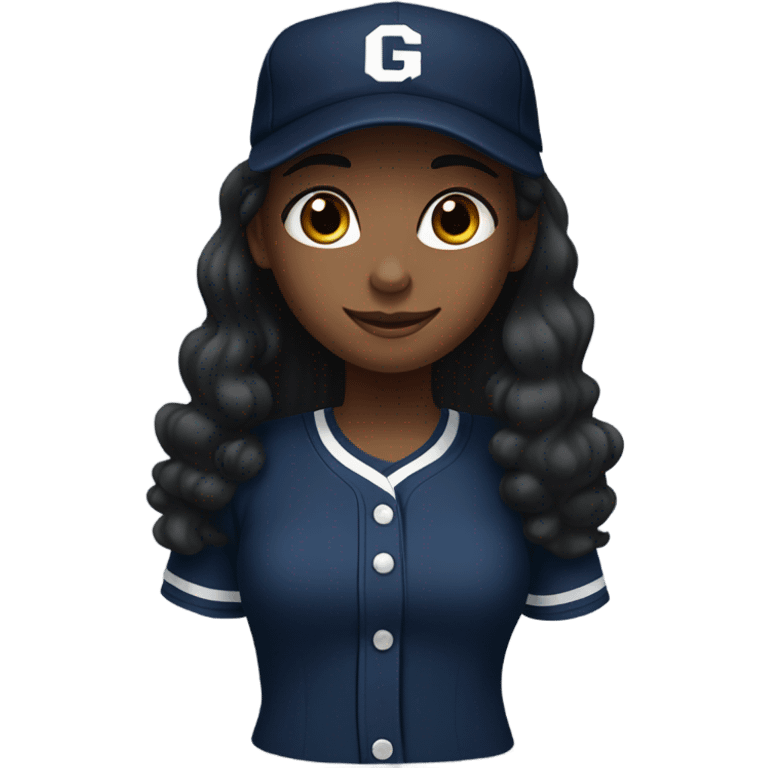 Black long hair girl wearing navy ballcap emblazoned with a G initial and baseball uniform emoji