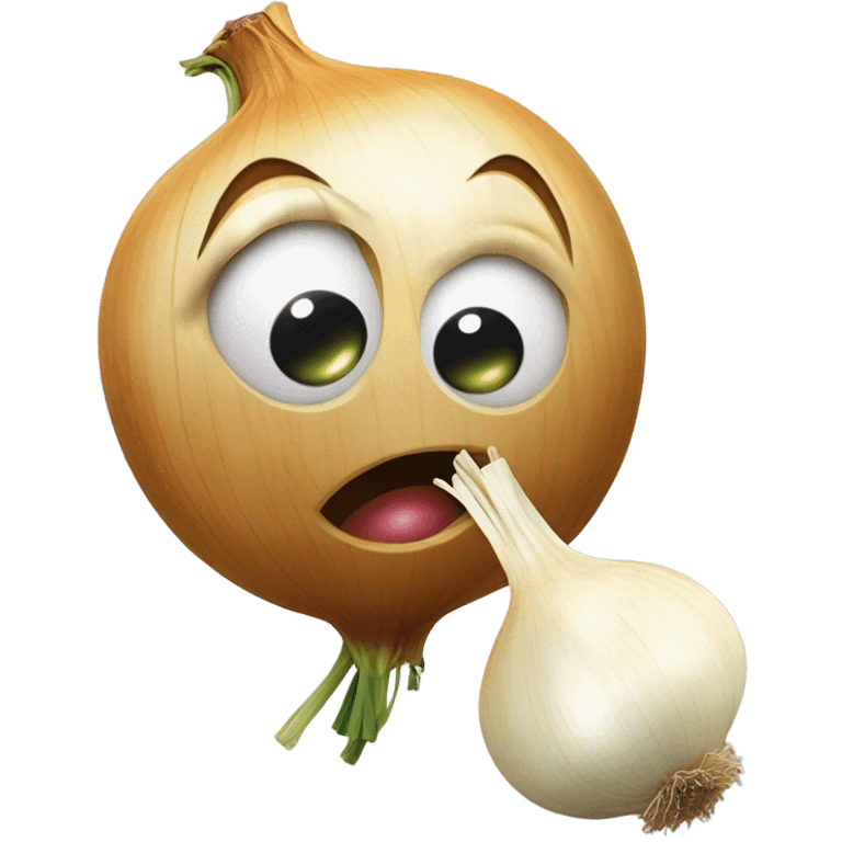 An emoji of a cute anthropomorphic onion kissing a smiling garlic clove on the cheek.  emoji