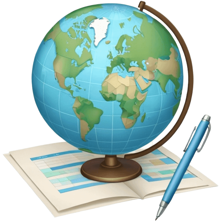 Create an emoji representing language translation. The design should feature just one globe in the background, symbolizing international communication. In front of the globe, place two books or sheets of paper with texs on them and a pen nearby to indicate the act of writing. Use a clean and professional color palette with blues, greens, and neutral tones. Make the background transparent. emoji