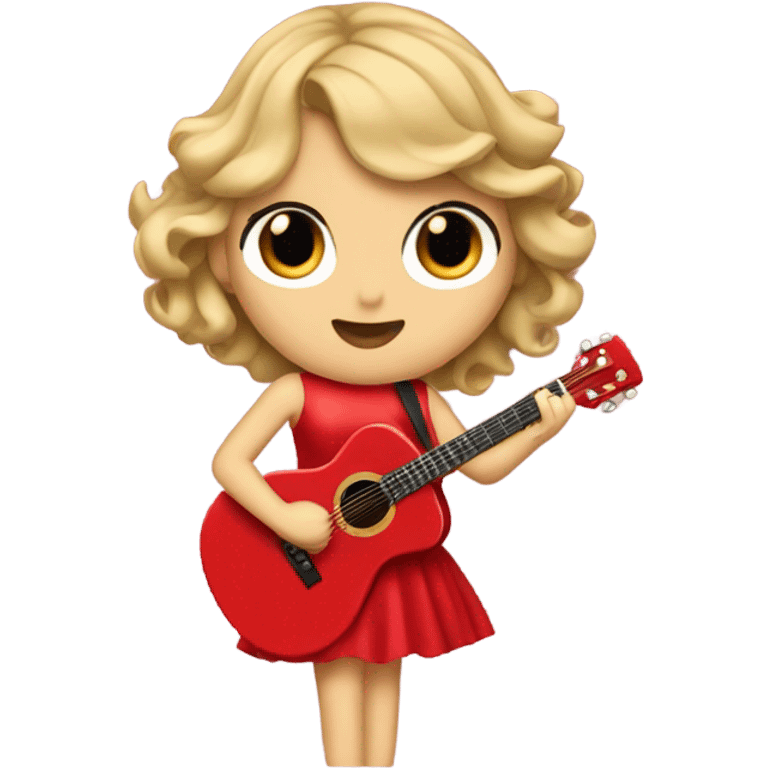 Taylor swift in a red dress and a red guitar hole with a microphone stand in front of her emoji