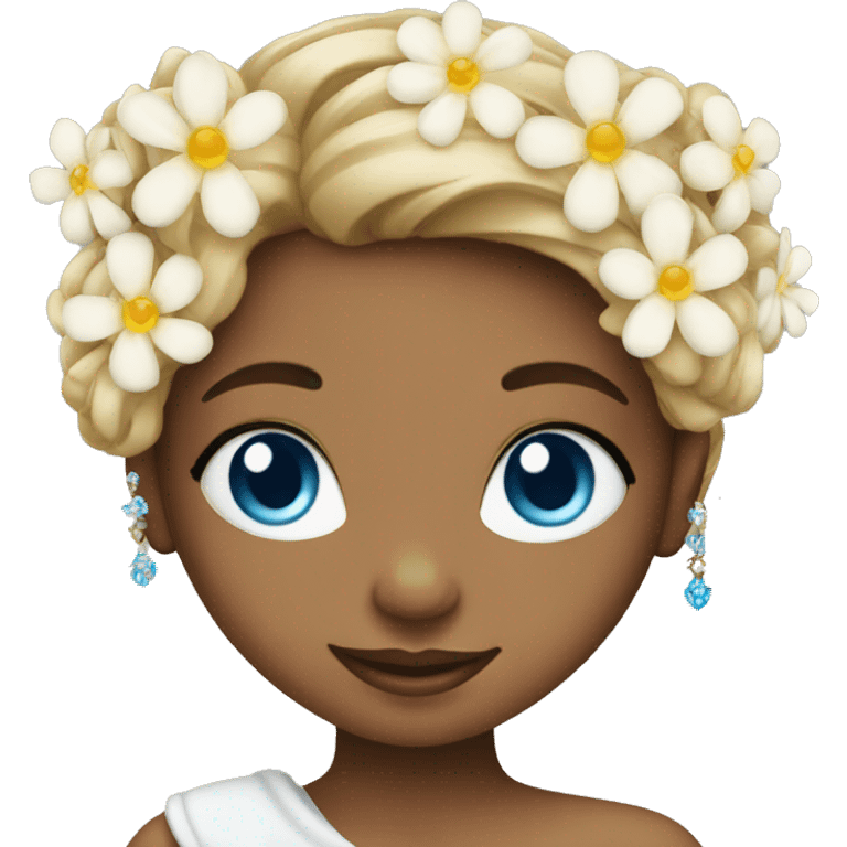 smiling girl with flower jewelry and blue eyes emoji