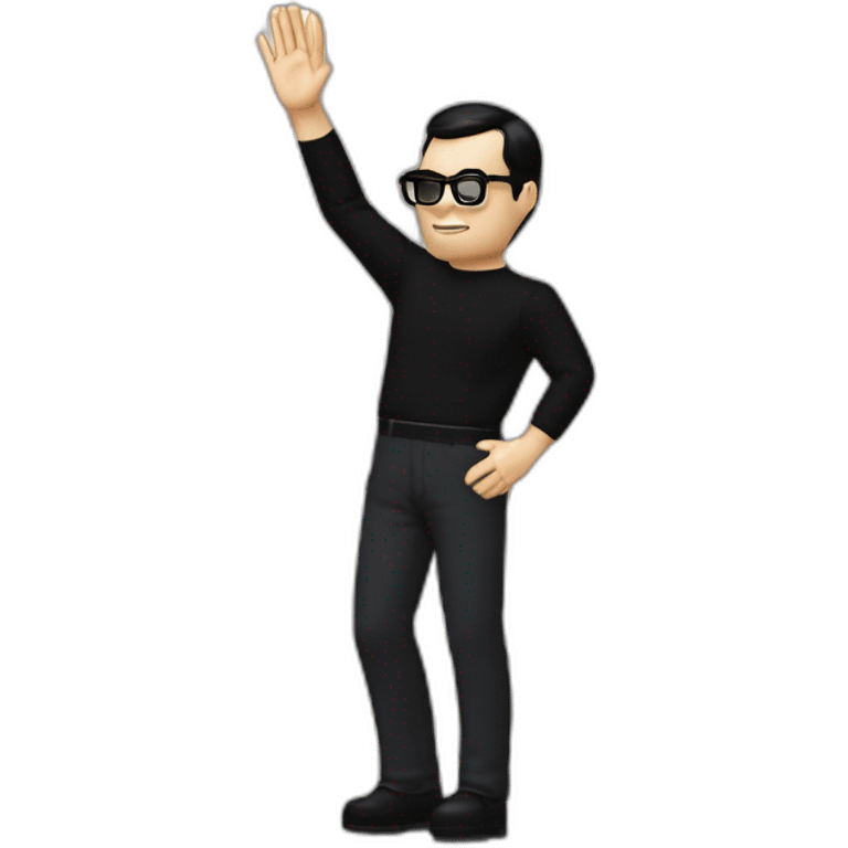 small photo realistic left arm waving Ralf Hutter from Kraftwerk, short straight black hair, Dark Brown eyes, black glasses, thin, black shirt, right side view emoji