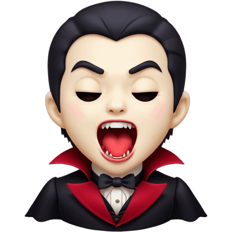 Cinematic Cute Yawning Vampire Portrait Emoji, with a small, rounded, charming pale face accented with tiny playful fangs and droopy, half-closed eyes, head tilted in an adorable wide yawn, dressed in miniature elegant dark attire with a hint of crimson, simplified yet irresistibly endearing, highly detailed with a soft, mysterious glow and gentle outline that captures the cute, drowsy side of an immortal! emoji