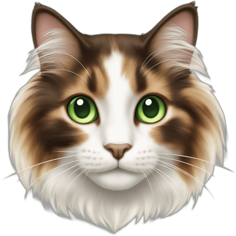 jumping longhaired white and dark brown calico cat with green eyes emoji