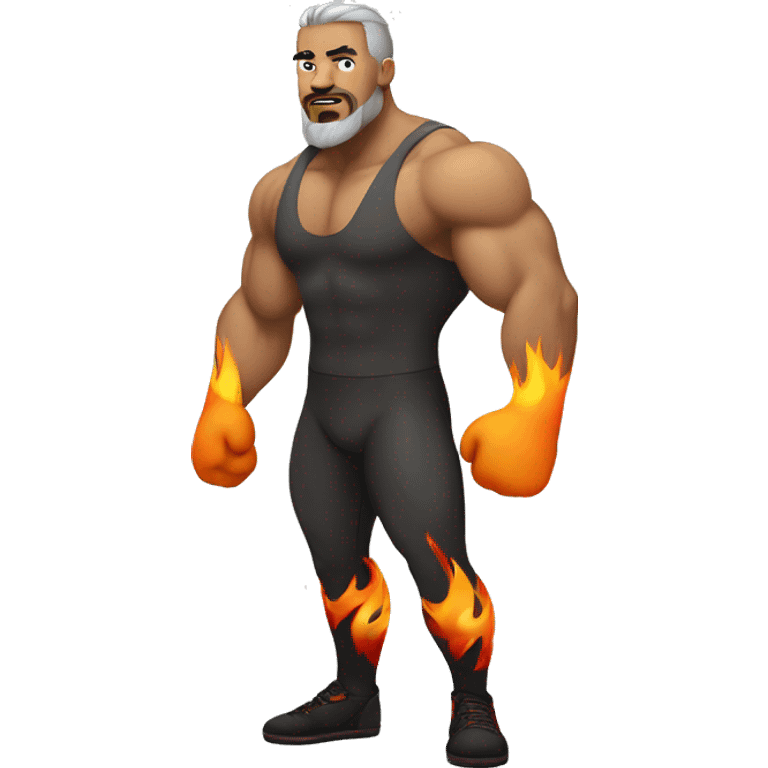 wrestler with brownish gray hair, goatee, flames on tights, muscular build emoji