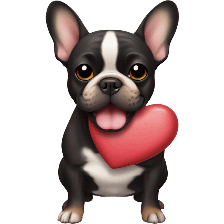 Black and tan colored French bulldog holding Valentine in mouth emoji