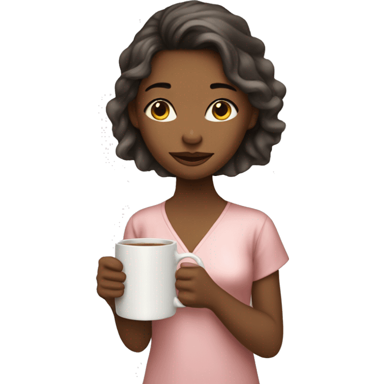 Girl with silk pajamas on with a mug in her hand emoji