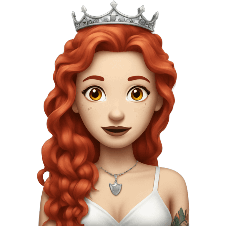 Beautiful girl with white skin, long red hair and tattoos and a crown emoji