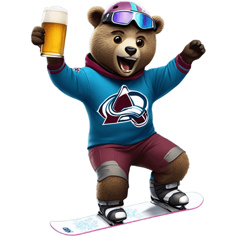 snowboard bear wearing helmet and goggles in colorado avalanche jersey doing insane tricks while holding a beer emoji