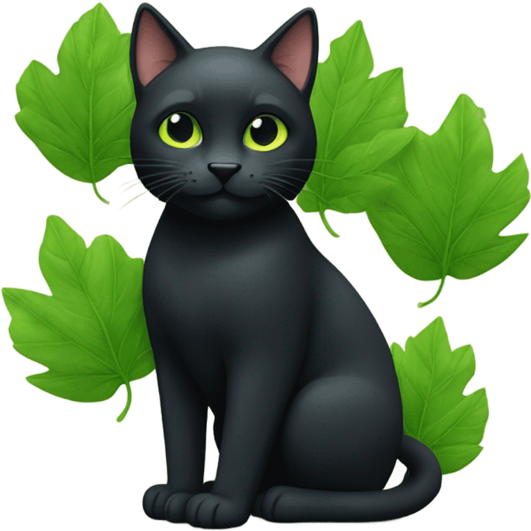 black cat that play with green leaves emoji