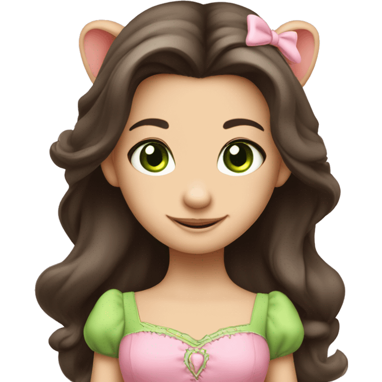 A cute mouse princess with dark brown long hair, green eyes, cute pink dress, happy emoji