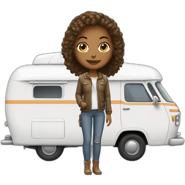 Travel Girl in front of a white Campingcar  emoji