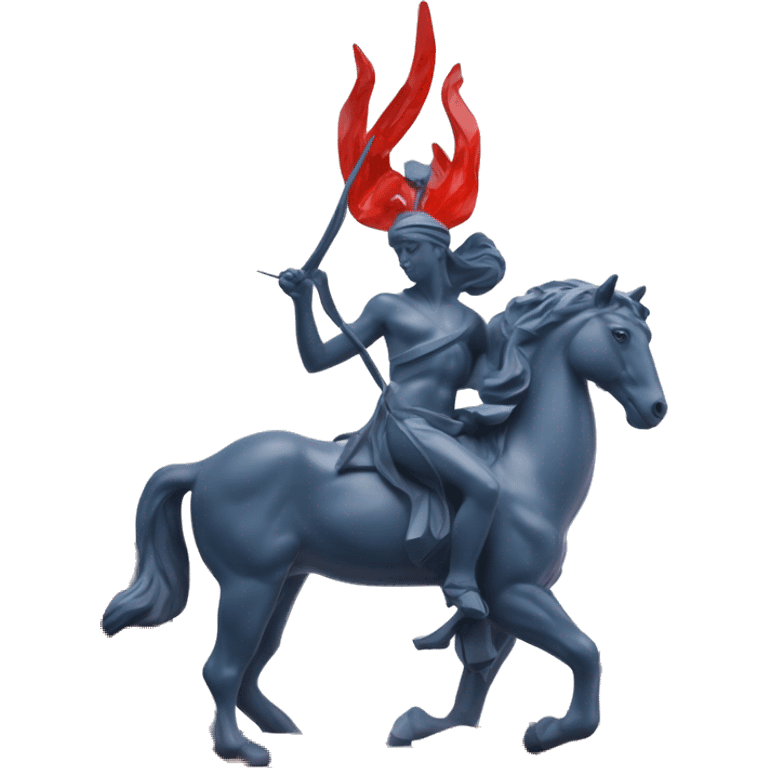 A Sagittarius sculpture with a geometric, faceted design. The Sagittarius is standing upright with angular and baroque features. The vibrant red and blue flame colors highlights the sharp edges and planes. Only 2 legs, clear features emoji