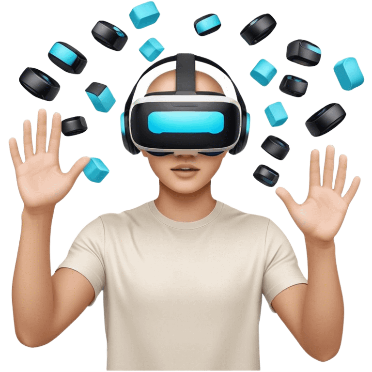 humanless emoji for the creation of VR/AR technology. Show a designer's hands holding a VR headset or AR glasses, with floating 3D models or virtual objects being manipulated in the air. Use modern, tech-inspired colors. Do not include any emojis or smiley faces. Make the background transparent. emoji