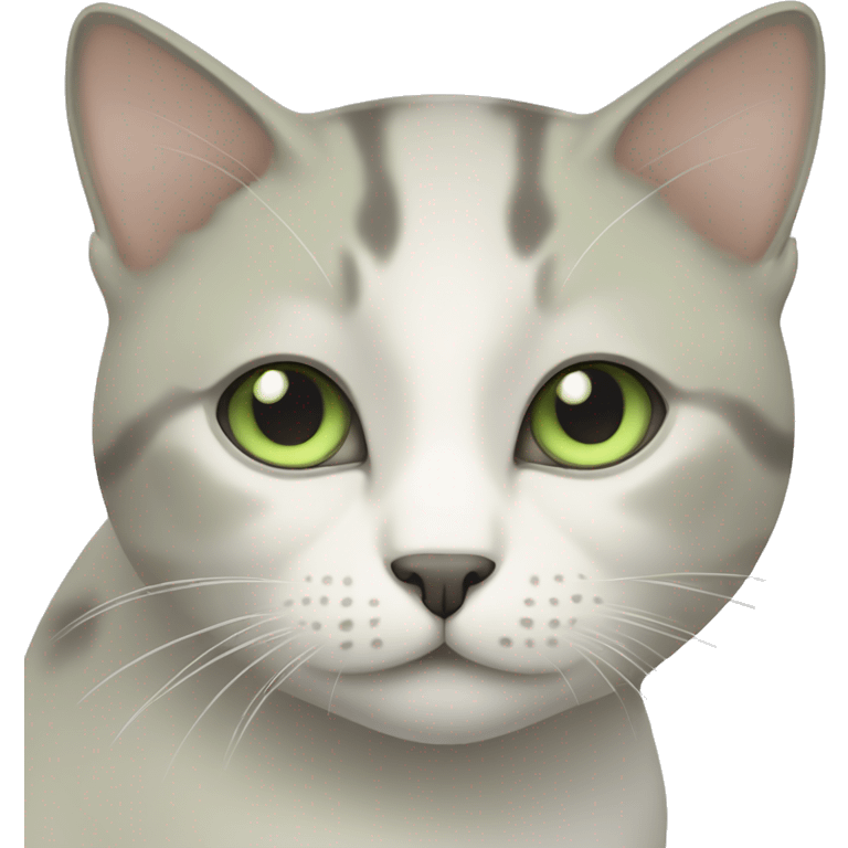 beige, dark/grey, white cat with really pale green eyes  emoji