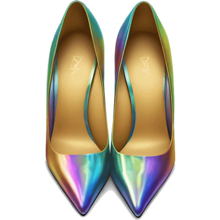 Realistic isolated top view of a pair of metallic rainbow iridescent  pointed toe high heel shoes. emoji