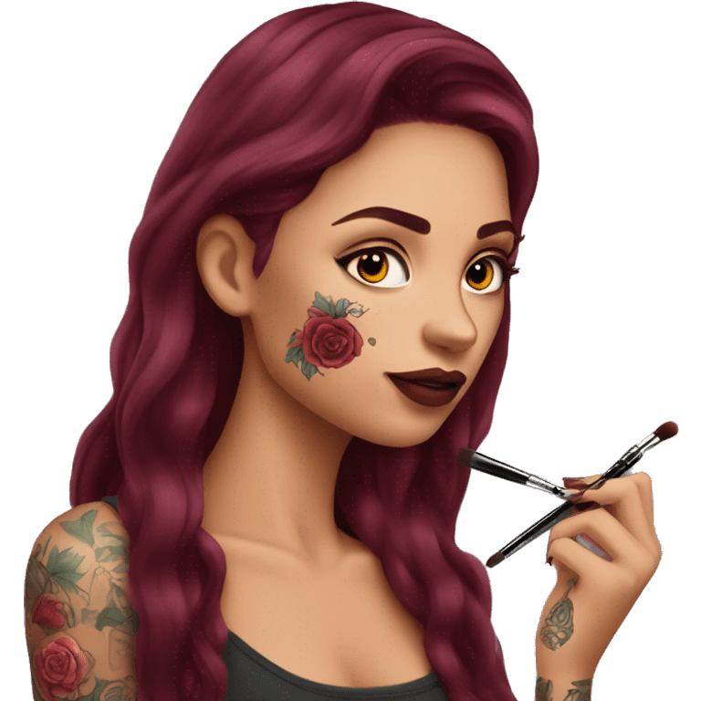 Beautiful tattooed burgundy long haired woman doing her makeup emoji