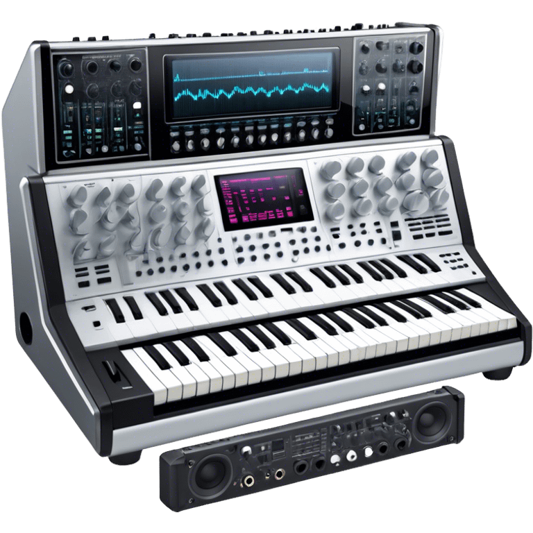 Create a professional and detailed emoji that represents sound design equipment. The design should feature a high-end Korg synthesizer, a sound mixing console, and a control panel with audio cables connecting to large studio speakers. Surround the equipment with sound waves made of musical notes to symbolize the creative process of shaping sound. Use sleek colors like silver, black, and neon accents to highlight the high-tech nature of the equipment. The background should be transparent. emoji