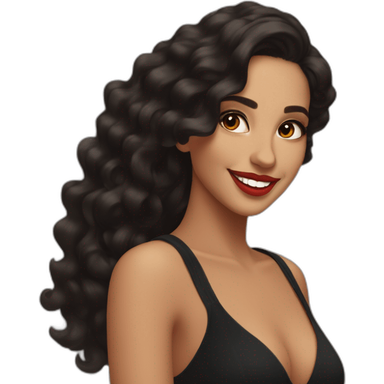 young moroccan woman with dark brown eyes, dark long curling hair, red lips, big smile, black dress emoji