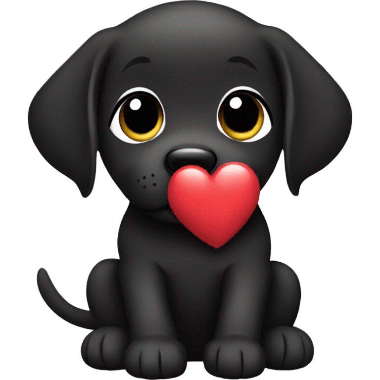 sitting black labrador puppy is holding a heart emoji