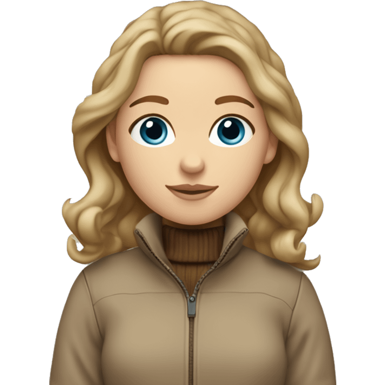 White girl with dark blonde wavy hair and blue eyes. She wears a beige lubber jacket with a brown turtle neck pullover and a brown beanie on her head. emoji