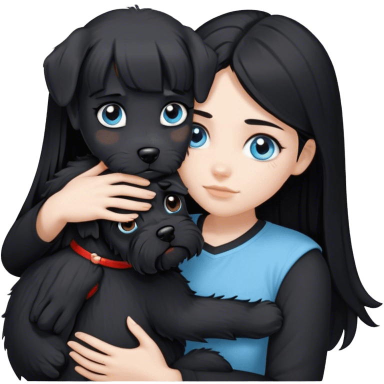 pale girl with light blue eyes and long black hair wearing black shirt hugging black schnauzer  emoji