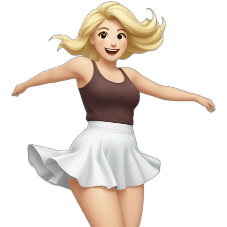 full-body-caucasian-curvy-beauty-jumping-short-black-skirt-back-and-front-views-strong-wind-white-knickers-long-white-socks emoji